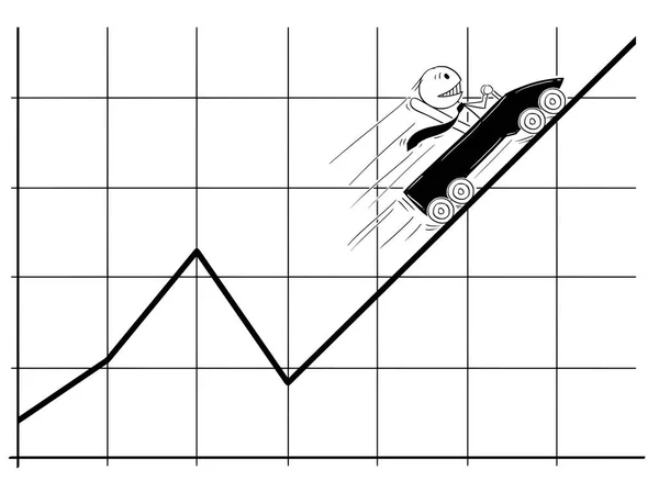 Caricatura del hombre de negocios moviéndose en montaña rusa rápido alto o arriba en la carta de negocios o gráfico — Vector de stock