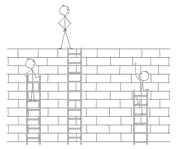 Karikatur eines Geschäftsmannes schlägt Konkurrenten, indem er mit Leiter ein hohes Wandhindernis überwindet — Stockvektor
