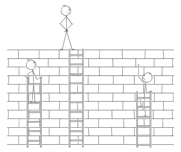 사다리와 높은 벽 장애물을 극복 하 여 경쟁을 치고 하는 사업가의 만화 — 스톡 벡터