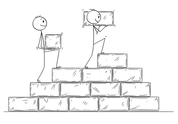 Cartoon of Two Businessmen Building Staircase from Big Stone Blocks — стоковый вектор