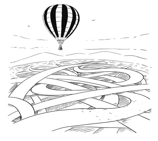 Business tecknad av varmluft Ballon över labyrint av vägar som lätt väg framåt — Stock vektor