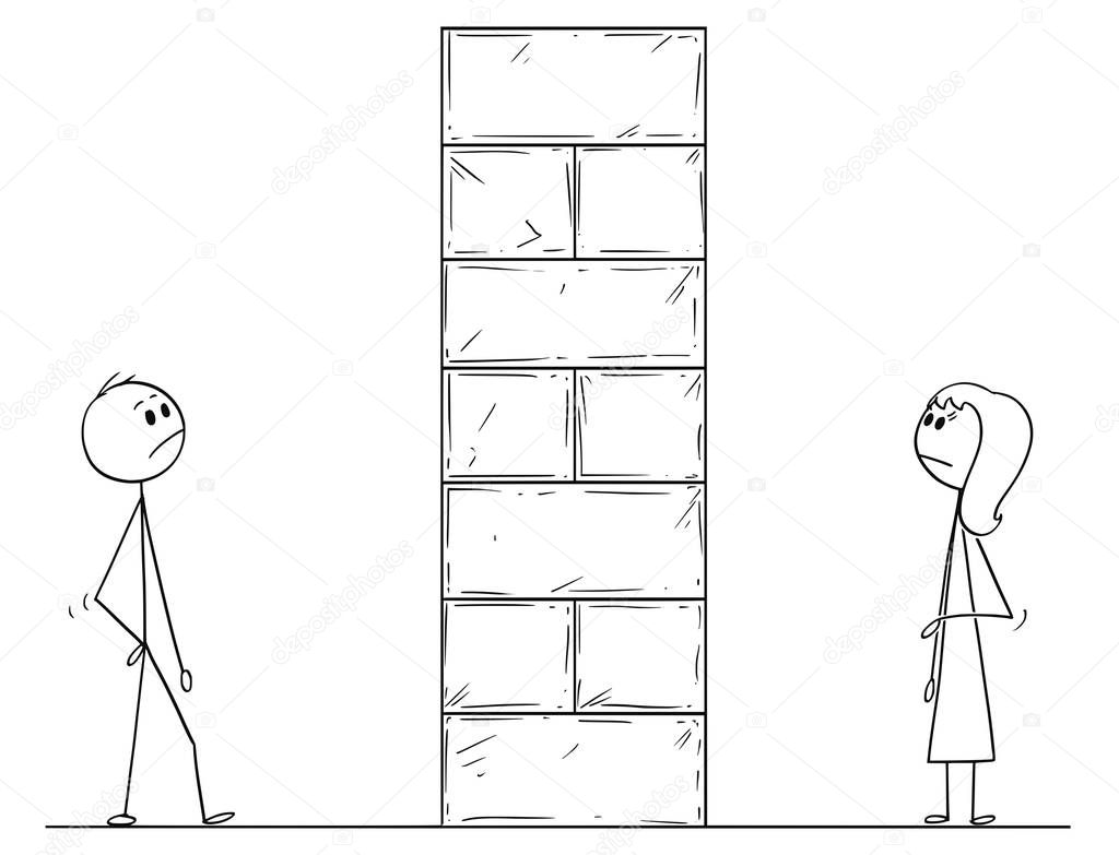 Cartoon of Man and Woman Divided by High Wall Obstacle