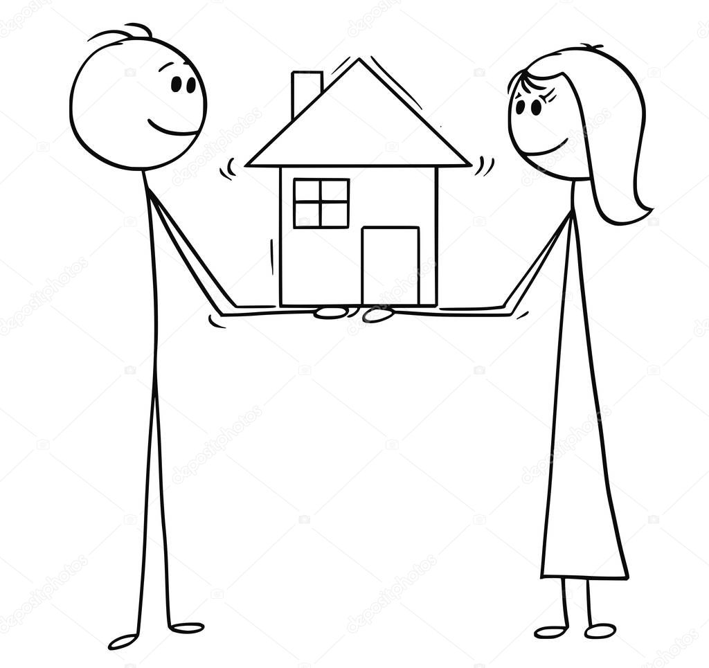 Cartoon of Man and Woman Holding Family House of Dreams