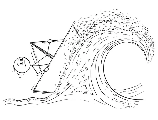 Karikatur eines Geschäftsmannes, der im Sturm Papierschiff oder Boot auf hoher Welle segelt — Stockvektor