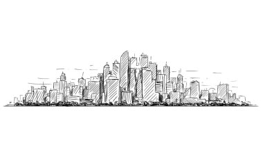 Vektör sanatsal yarım yamalak kalem ve mürekkep illüstrasyon veya genel şehir yüksek doğmak cityscape manzara gökdelen binaları ile kroki çizim.