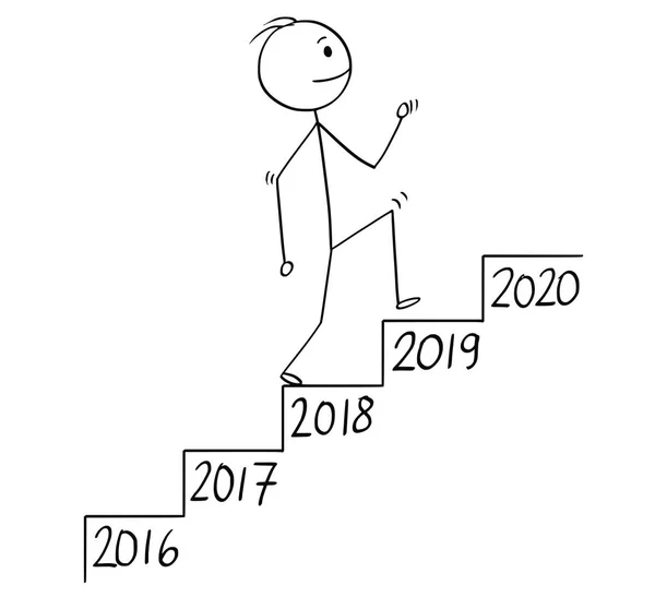 Мультфильм о человеке или предпринимателе, поднимающемся по лестнице, метафора роста во времени — стоковый вектор