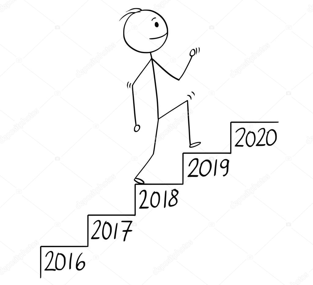 Cartoon of Man or Businessman Walking Up the Stairs, Metaphor of Growth in Time