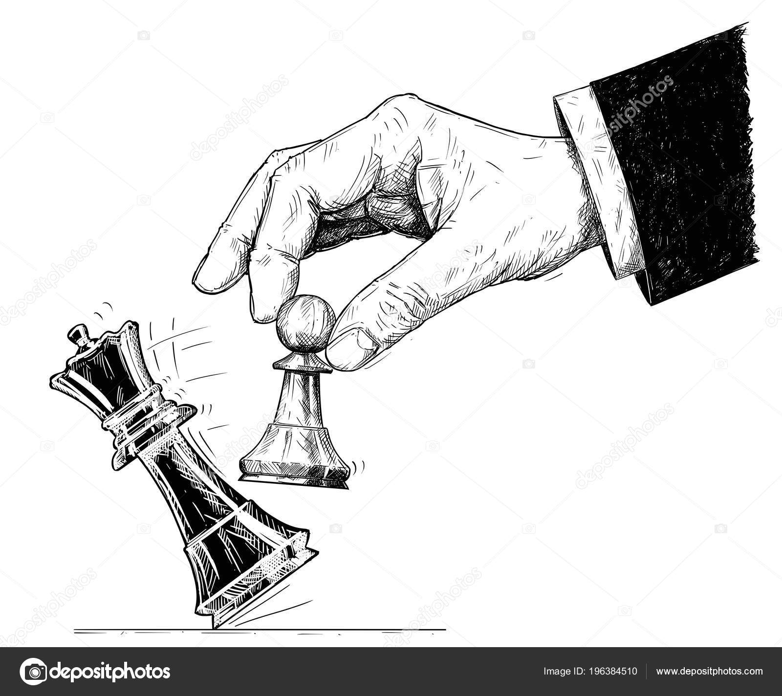 Mão de ilustração vetorial desenhada. parte do tabuleiro de xadrez com peças.  posição de jogo de mate sufocada.