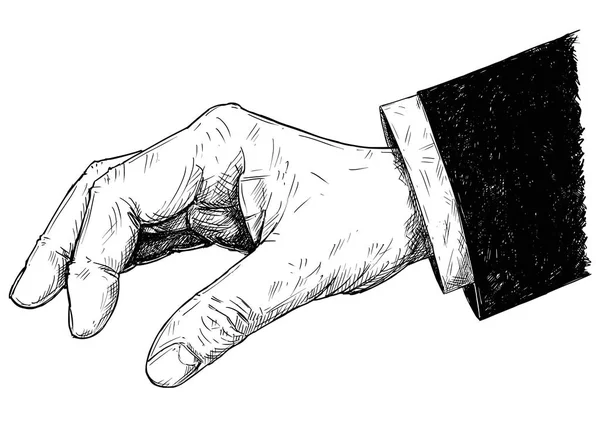 Ilustración artística vectorial o dibujo de la mano del hombre de negocios con traje que sostiene algo pequeño entre pellizcos — Vector de stock