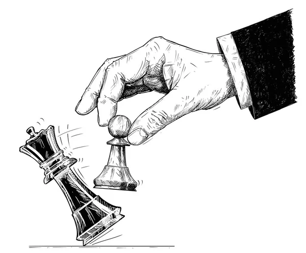 Vector artistieke tekening illustratie van Hand bedrijf Chess Pawn en neerhalend koning. Schaakmat. — Stockvector