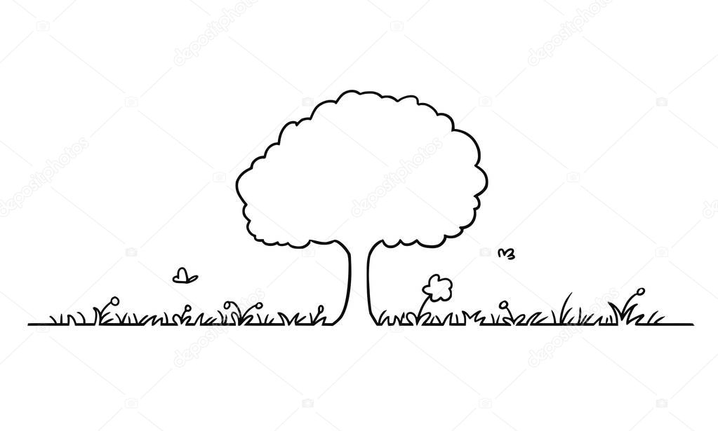 Vector Artistic Drawing Illustration of Simple Tree, Grass and Flowers Shape Design Element