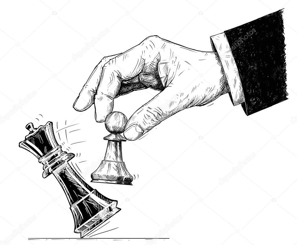 Vector Artistic Drawing Illustration of Hand Holding Chess Pawn and Knocking Down King. Checkmate.