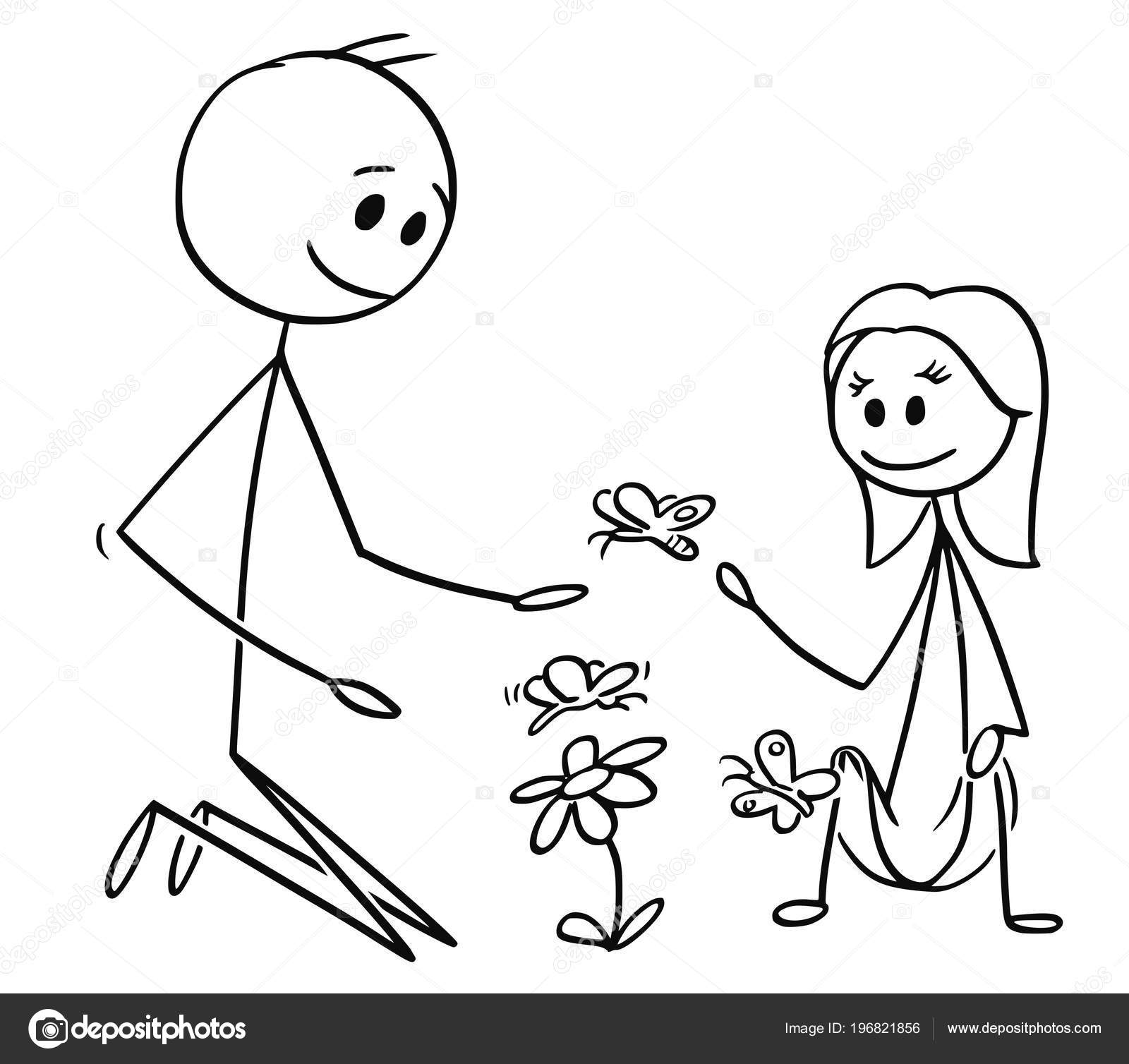 Dessin Animé De Père Et Fille Je Regarde Les Fleurs Et