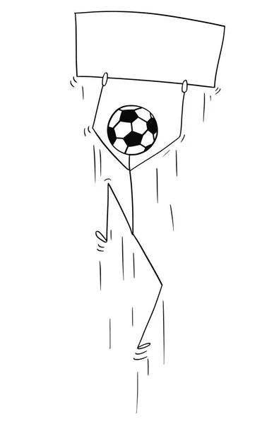 Desenhos animados do personagem Stick Man com futebol ou bola de futebol como cabeça saltando e celebrando o objetivo — Vetor de Stock