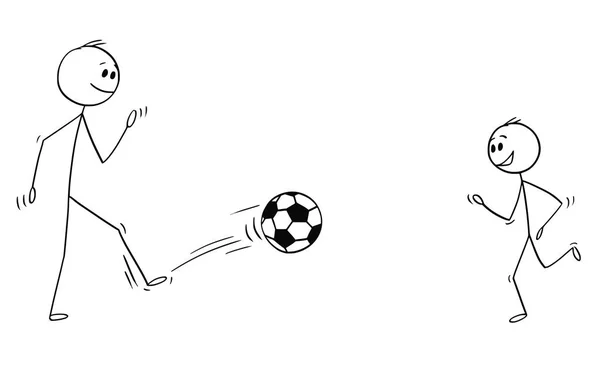 Desenhos animados de pai e filho jogando com futebol ou bola de futebol —  Vetores de Stock