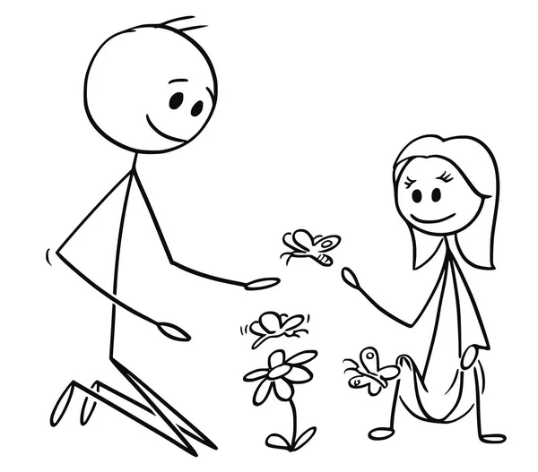 Cartoon van vader en dochter kijken naar bloemen en vlinders — Stockvector