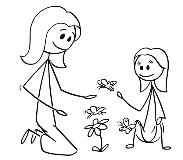 Dibujos Animados de Madre e Hija Observando Flores y Mariposas — Vector de stock