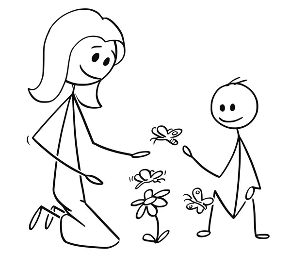 Dibujos Animados de Madre e Hijo Observando Flores y Mariposas — Vector de stock