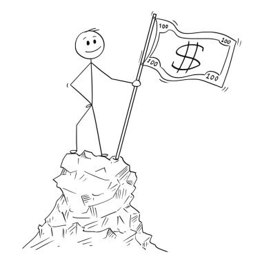 Karikatür doları Bill bayrağı en üst veya en yüksek Dağı nın üzerinde ayakta işadamı