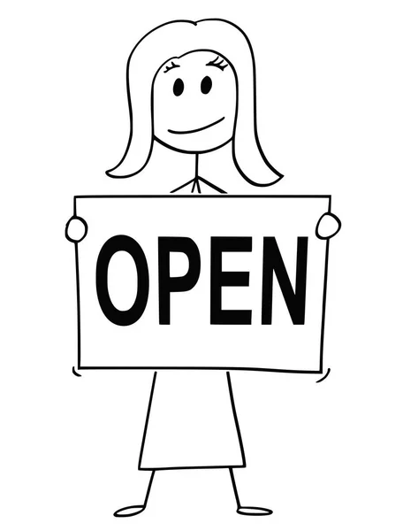 Karikatur einer Frau oder Geschäftsfrau mit einem Schild mit offenem Text — Stockvektor