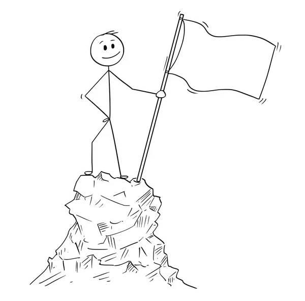 Karikatur eines Geschäftsmannes, der mit Fahne auf dem Gipfel des Berges steht — Stockvektor