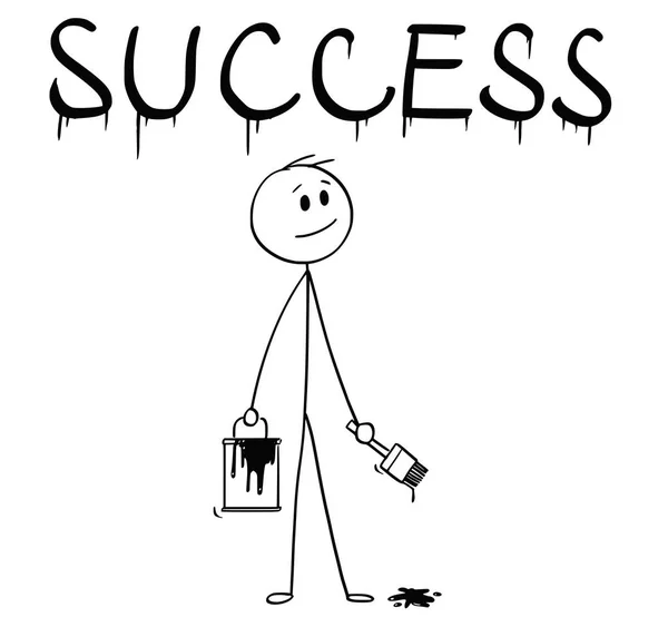 Cartoon of Businessman with Brush and Paint Can Painting the Word Success — стоковый вектор