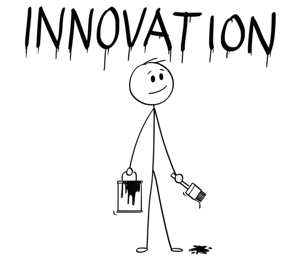 Desenhos animados de empresário com escova e pintura pode pintar a palavra inovação —  Vetores de Stock