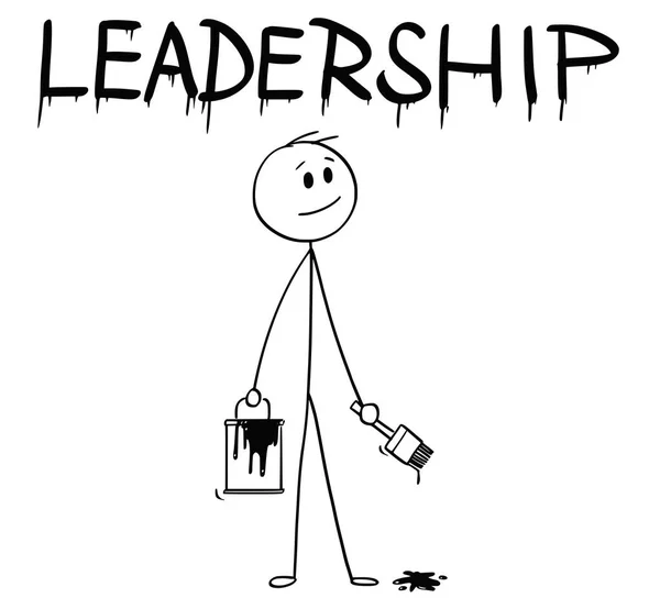 Cartoon of Businessman with Brush and Paint Can Painting the Word Leadership — стоковый вектор