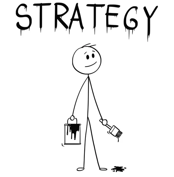 Cartoon of Businessman with Brush and Paint Can Painting the Word Strategy — стоковый вектор