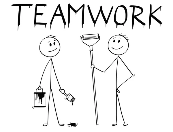 Dibujos animados de dos hombres de negocios con pincel, lata de pintura y rodillo Pintura de la palabra Trabajo en equipo — Vector de stock