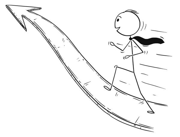 Karikatur eines Geschäftsmannes, der auf Pfeil und Bogen zum Erfolg läuft — Stockvektor
