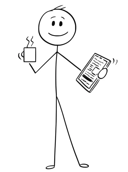 Карикатура счастливого бизнесмена с кружкой кофе или чая и таблетками в руках — стоковый вектор