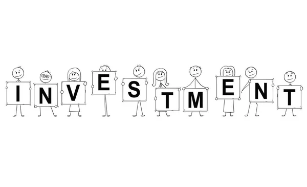 Cartoon van ondernemers en vrouwelijke ondernemers die borden met de tekst van de investeringen — Stockvector