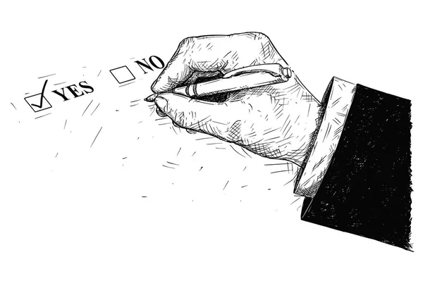 Desenho Artístico do Vetor Ilustração de Sim e Não Formulário de Questionário e Mão Segurando Caneta Esferográfica —  Vetores de Stock