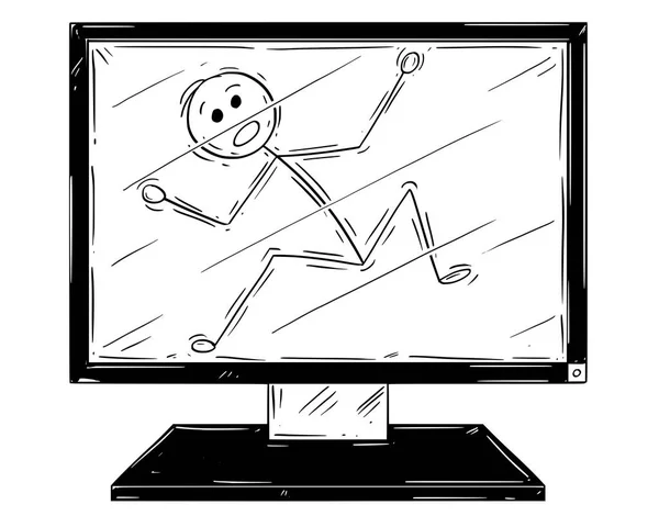 Dibujos animados del hombre o del hombre de negocios atrapado dentro de la pantalla o pantalla de la computadora — Archivo Imágenes Vectoriales