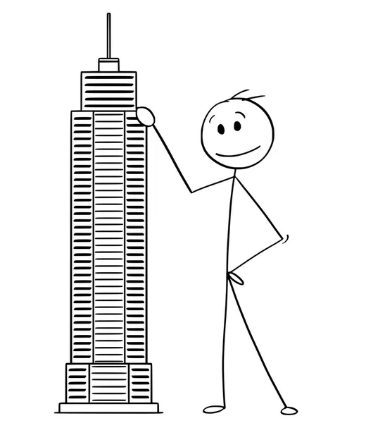 Γελοιογραφία του ανθρώπου ή επιχειρηματία που στέκεται με πρότυπο κτίριο ουρανοξύστης — Διανυσματικό Αρχείο