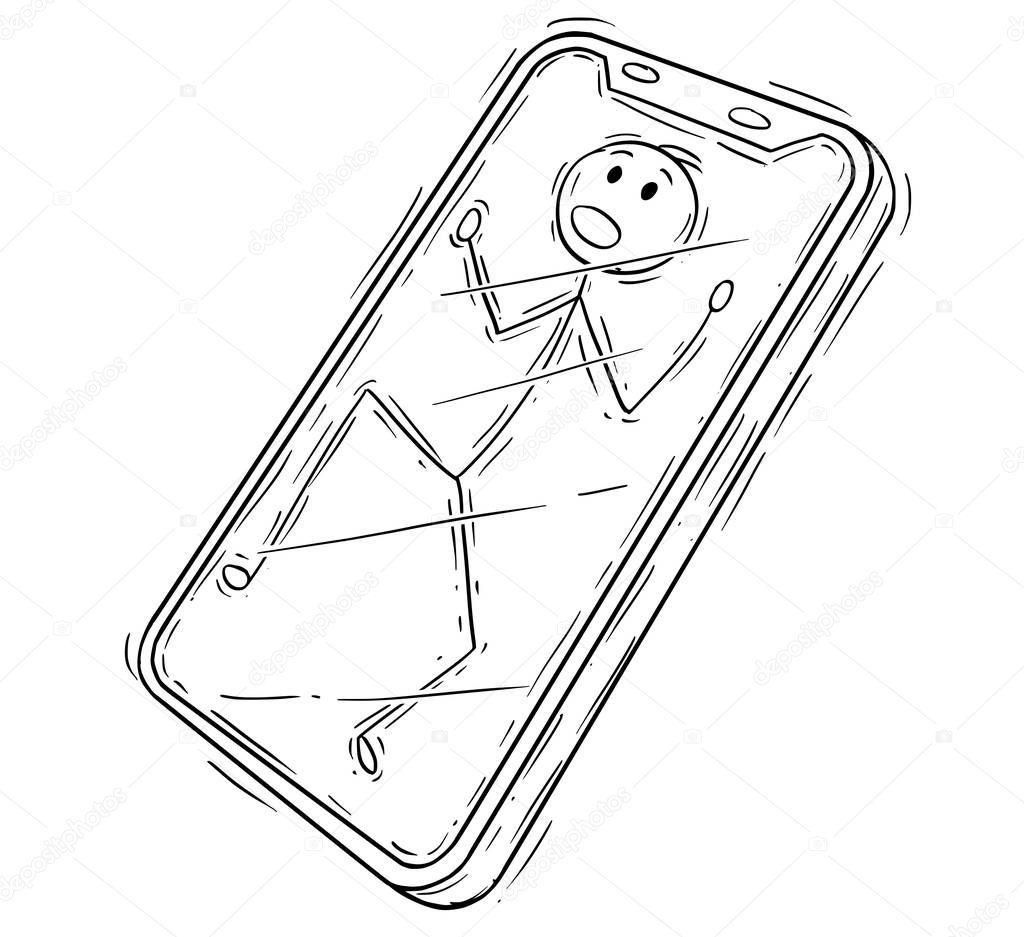 Cartoon of Man or Businessman Trapped Inside of Mobile Phone Display or Screen