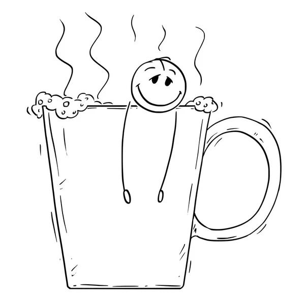 Карикатура на расслабленного человека или бизнесмена, принимающего ванну в большой чашке кофе или чая — стоковый вектор