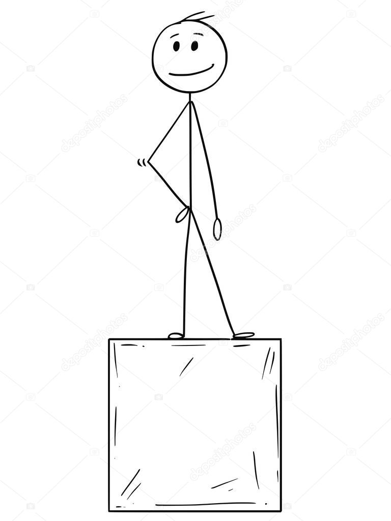 Cartoon of Man or Businessman Standing on Cube