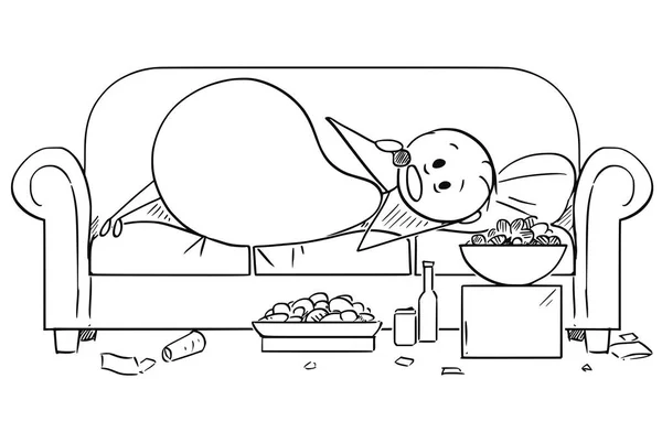 Dibujos animados de hombre gordo o con sobrepeso acostado en el sofá y comiendo — Vector de stock