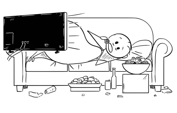 Dibujos animados de hombre gordo o con sobrepeso acostado en el sofá, viendo la televisión y comiendo — Vector de stock