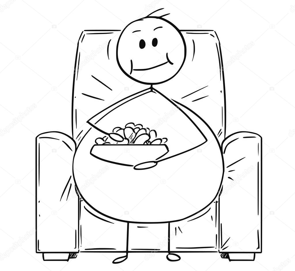 Cartoon of Fat or Overweight Man Sitting on Armchair, Watching Tv and Eating