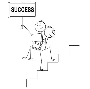 Adam ya da başka bir adam ya da başarı işareti yukarıda patronla taşıyan işadamı çizgi film