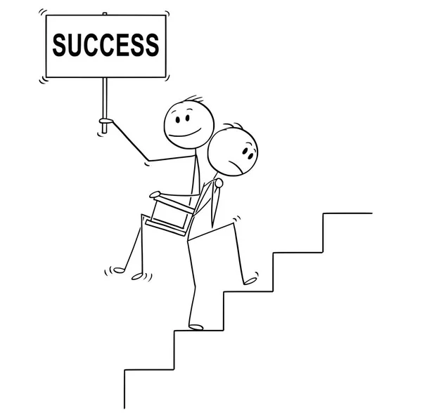 Cartoon of Man or Businessman Carrying another Man or Boss with Success Sign Upstairs — стоковый вектор