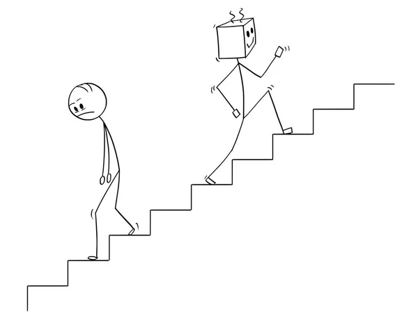 Dibujos animados de humanos bajando las escaleras y Robot subiendo — Vector de stock