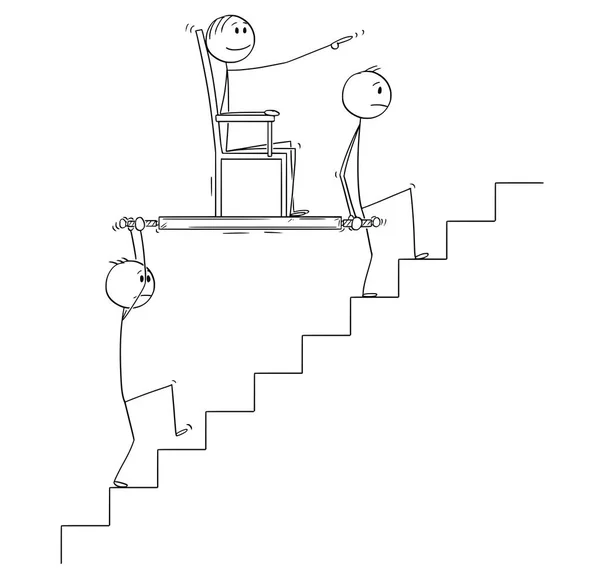 Karikatur von zwei Männern oder Geschäftsleuten, die Chef oder Manager in Abfall oder Limousine nach oben tragen — Stockvektor