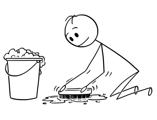 Dibujos animados de limpieza del hombre o piso de cepillado con cepillo de lavado — Archivo Imágenes Vectoriales