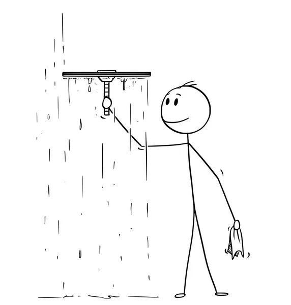 Cartoon of Man Cleaning Window With Squeegee - Stok Vektor