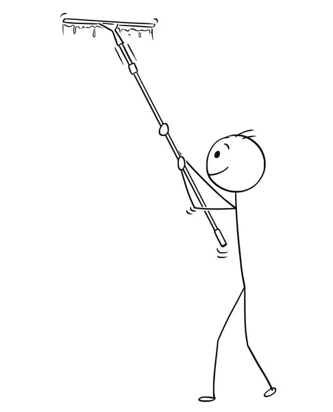 Cartoon of Man Cleaning Window with Long Squeegee — стоковый вектор