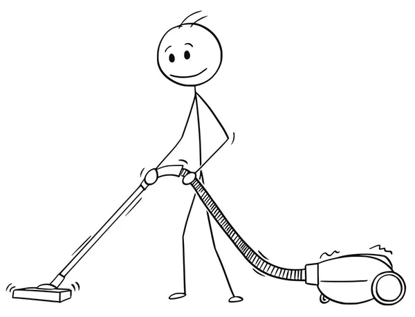 Caricature de l'homme qui nettoie le sol ou le tapis avec aspirateur ou Hoover — Image vectorielle